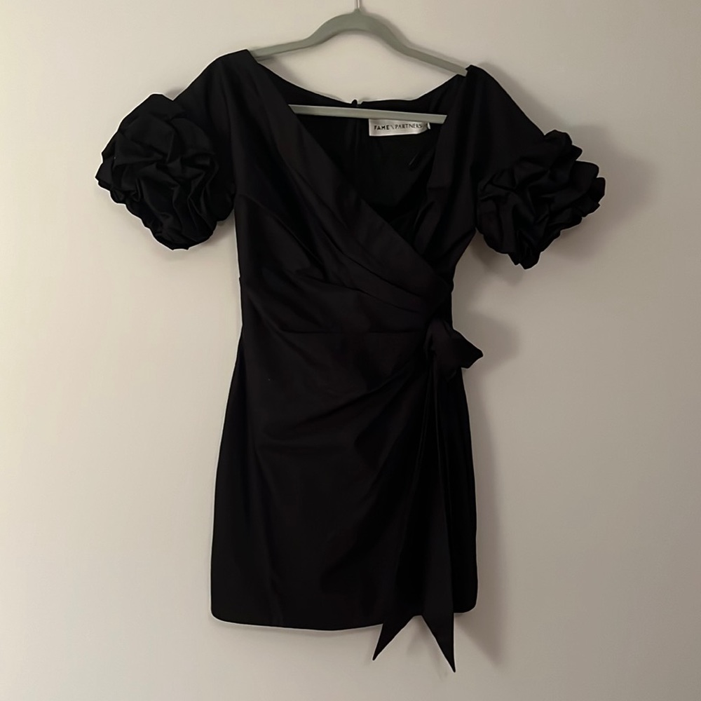 Fame and Partners Revolve Black Ruffle Sleeve Wrap Dress with Side Tie